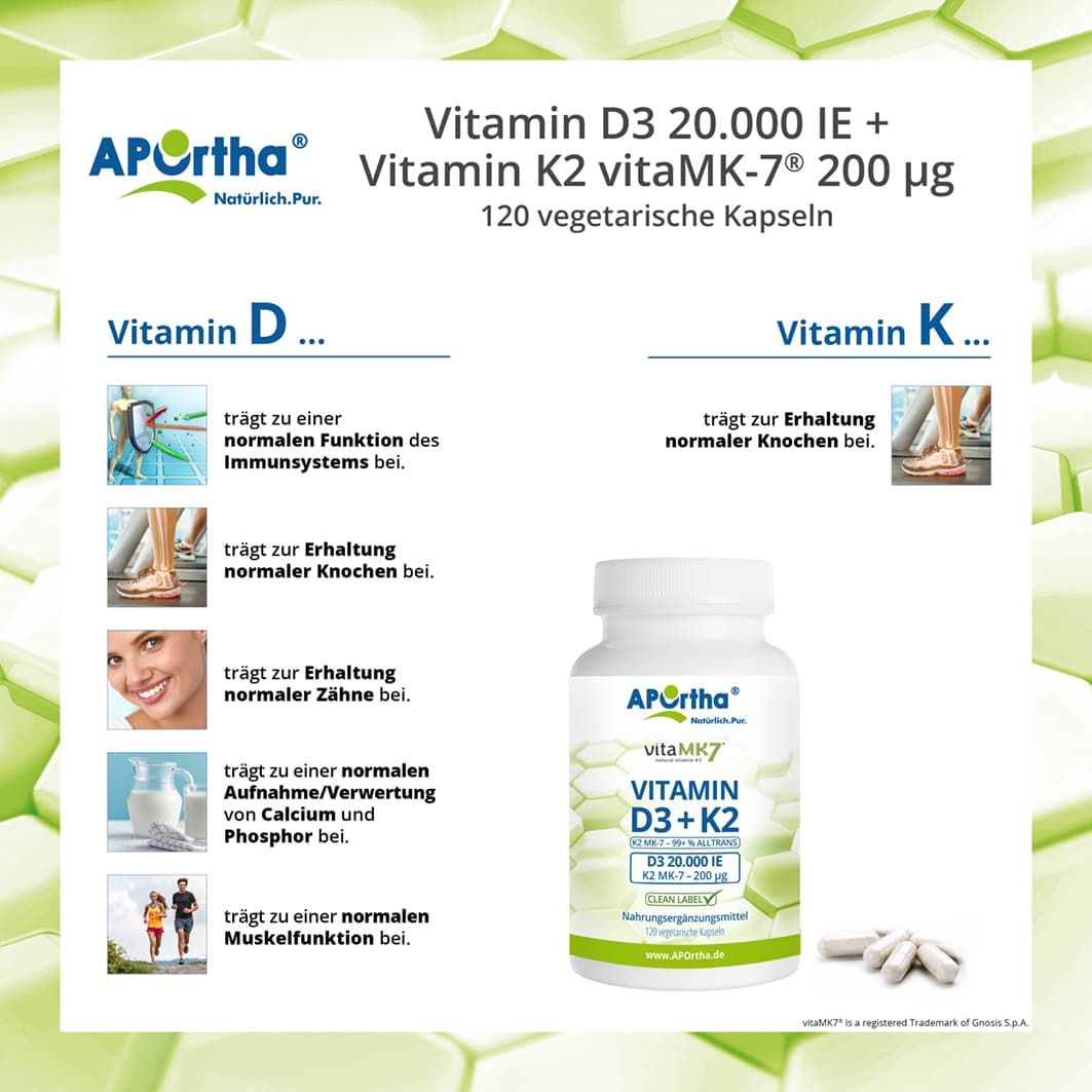 APOrtha® Vitamin D3 20.000 IE + Vitamin K2 vitaMK7® 200 µg Kapseln