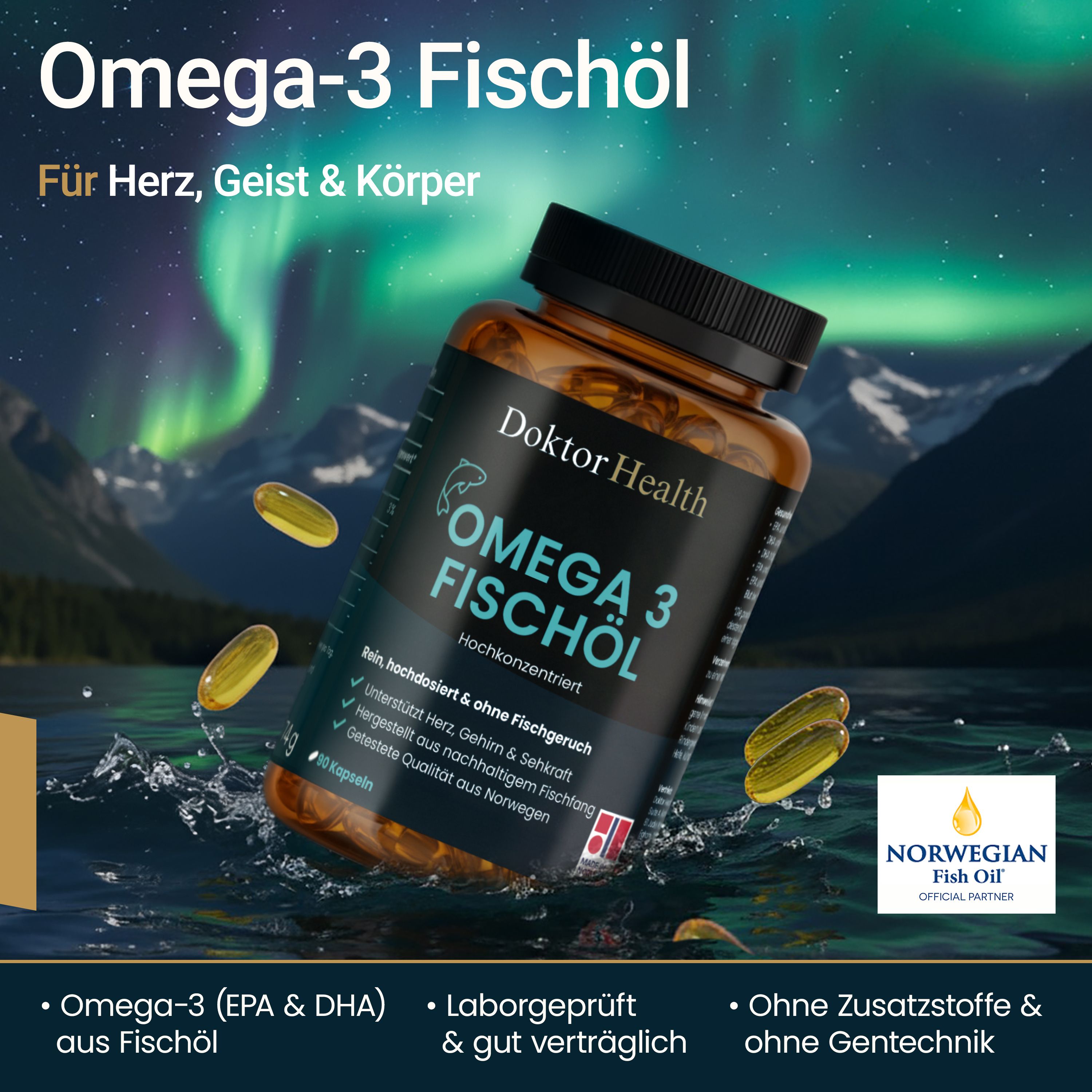 Braune Kapseln und Flasche mit Etikett. Text: Omega-3 Fischöl, Doktor Health.  Norwegian Fish Oil Logo.  Für Herz, Geist & Körper.