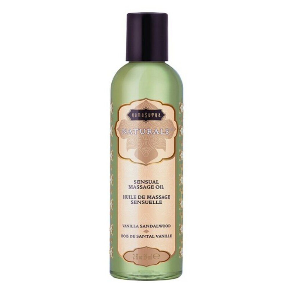 Grüne Flasche mit schwarzem Deckel. Aufschrift: Naturals Sensual Massage Oil Vanilla Sandelwood.