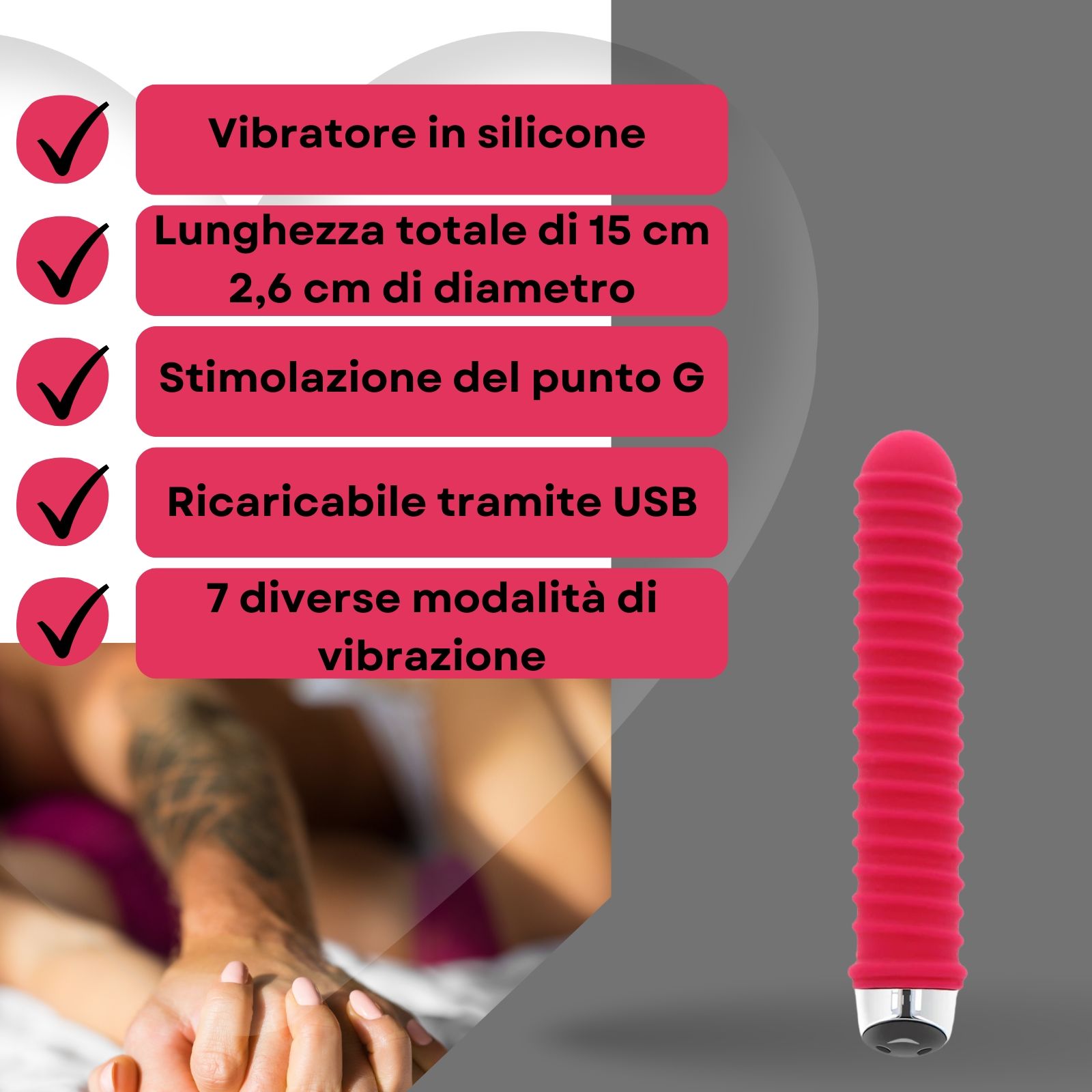 Vibratore rosso scanalato. Testo: Vibratore in silicone, 15cm, 2,6cm diametro, stimolazione punto G, USB.