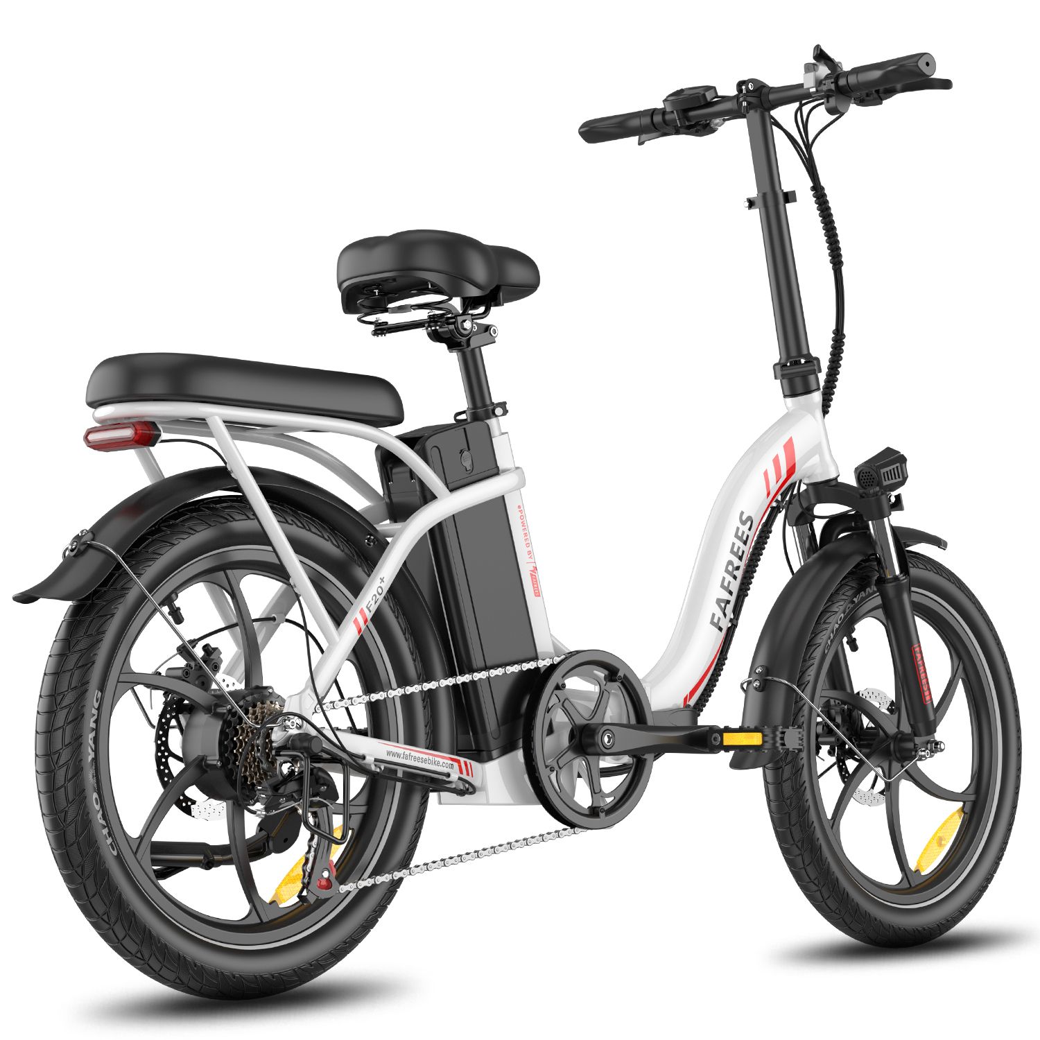 Faltbares E-Bike, weiß mit roten Akzenten. Schwarze Reifen, Sattel und Lenker. Marke FAFREES.