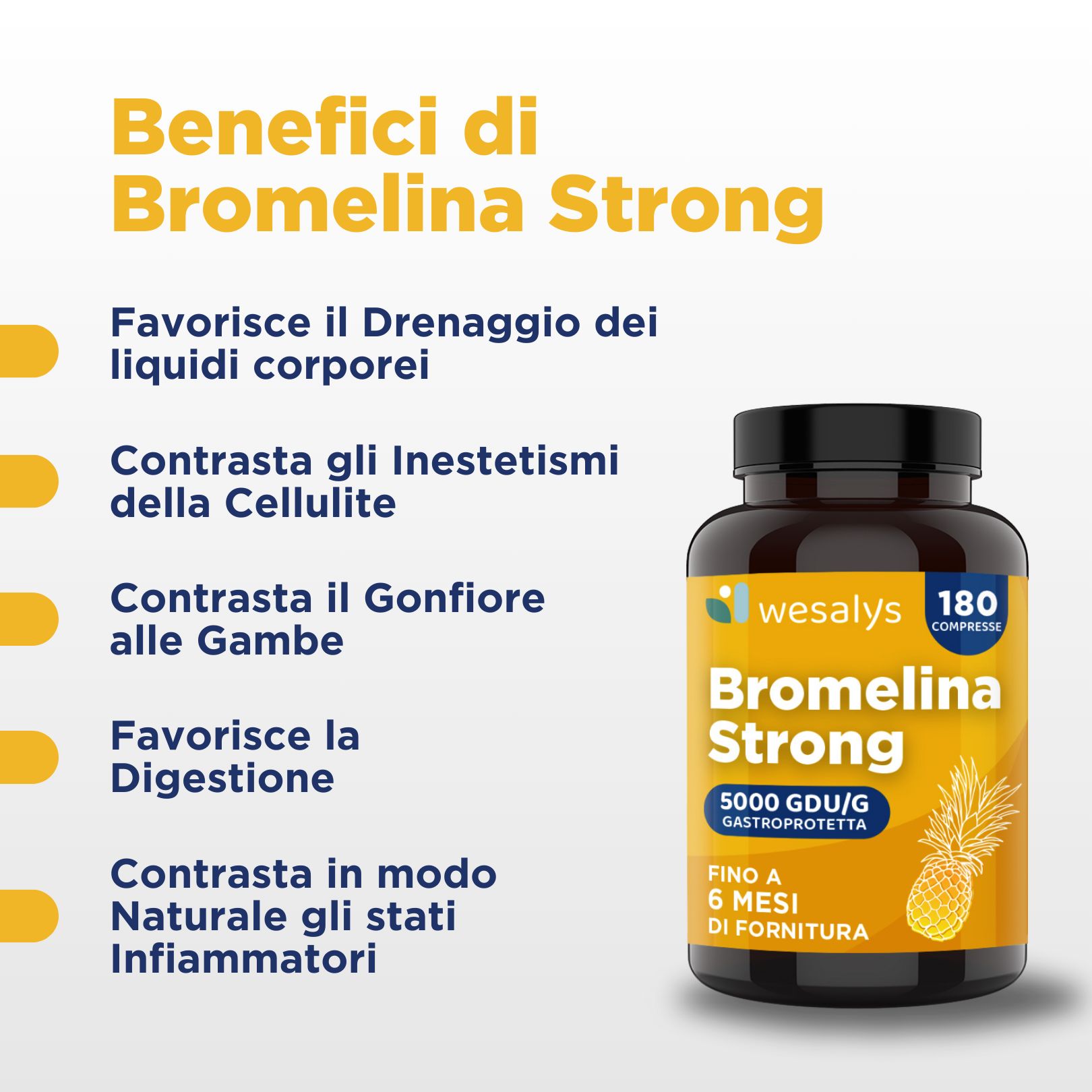 Una bottiglia di WESALYS Bromelina Strong accanto a un testo che evidenzia i benefici del prodotto: favorisce il drenaggio dei liquidi, contrasta la cellulite, riduce il gonfiore alle gambe, favorisce la digestione e riduce l'infiammazione.