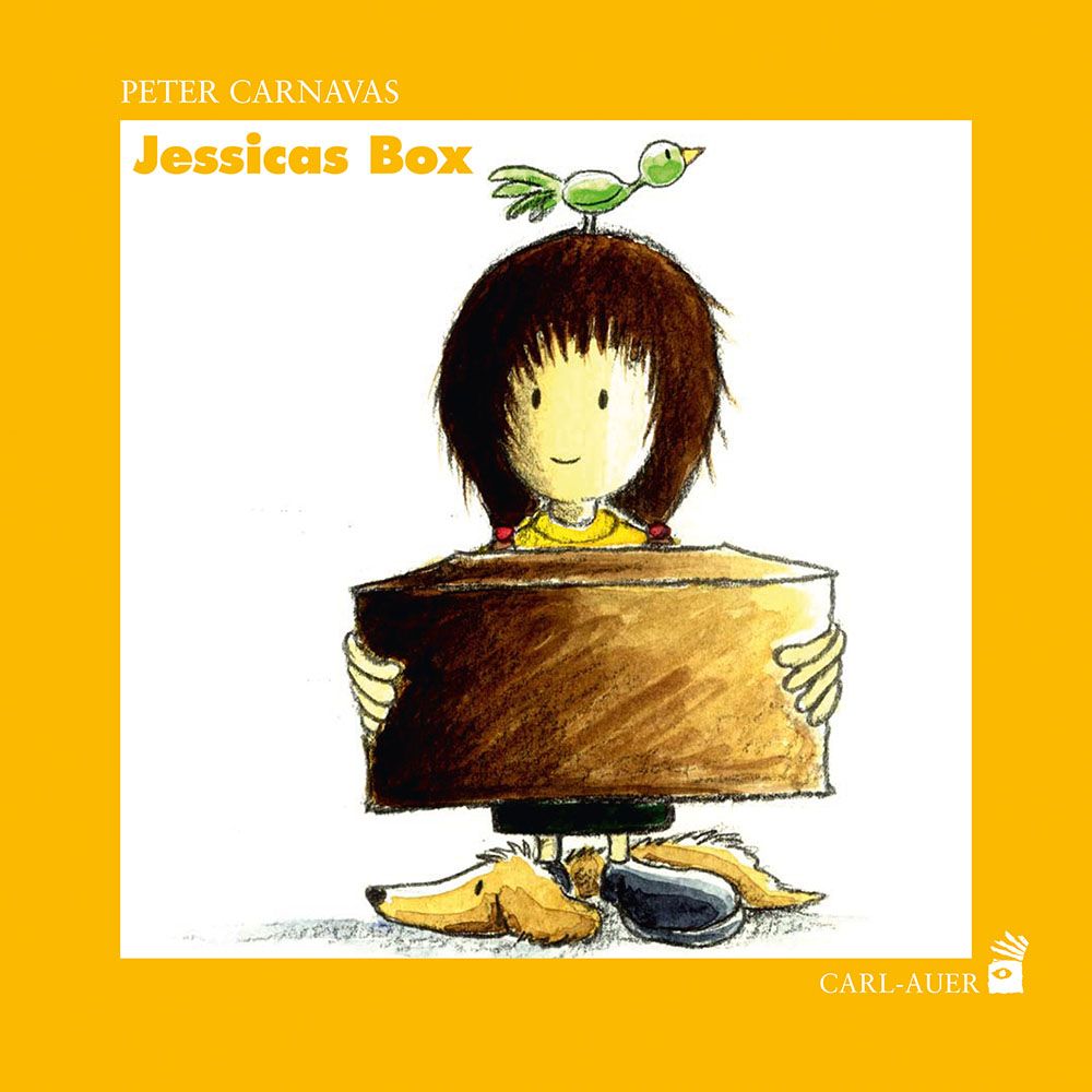 Buchcover mit Illustration. Ein Mädchen hält eine braune Box. Über ihrem Kopf sitzt ein grüner Vogel. Titel: Jessicas Box.