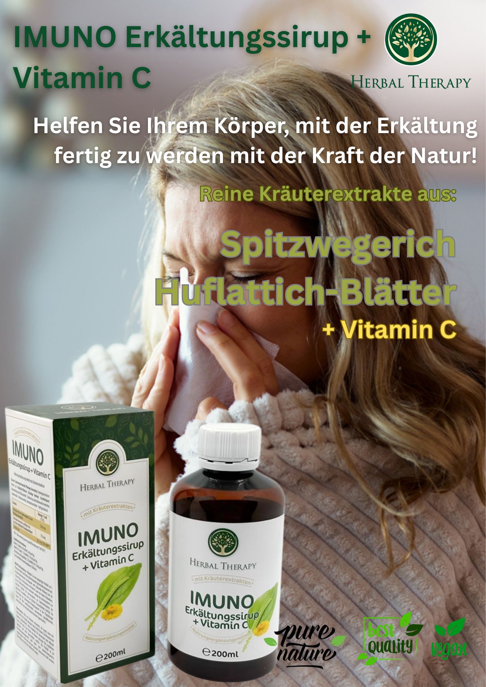 Frau mit Taschentuch. Flasche und Karton mit Aufschrift: IMUNO Erkältungssirup + Vitamin C. Herbal Therapy Logo.