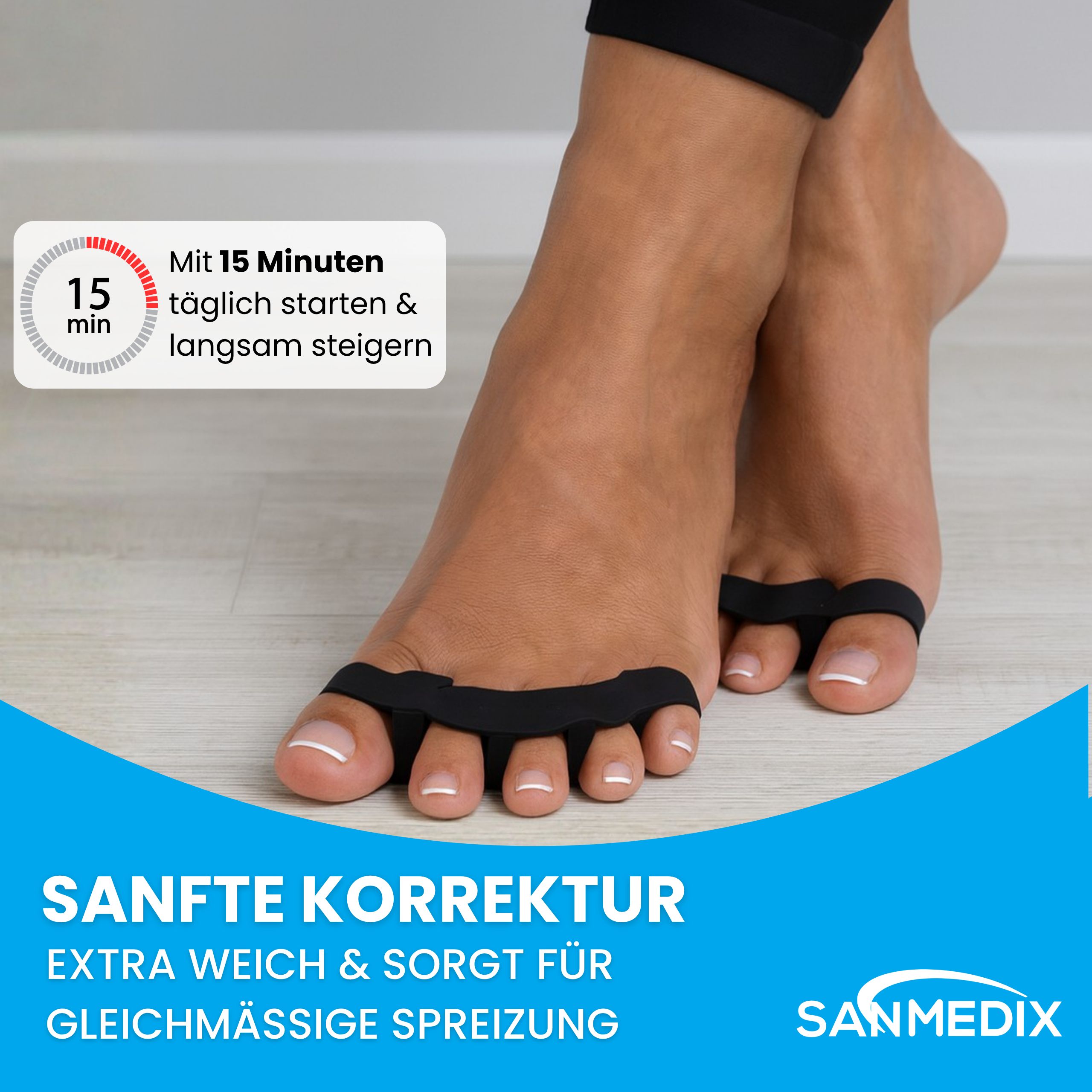 Sanmedix Zehenspreizer: Sanfte Korrektur für gleichmäßige Spreizung. Weiches Material, für den täglichen Gebrauch.