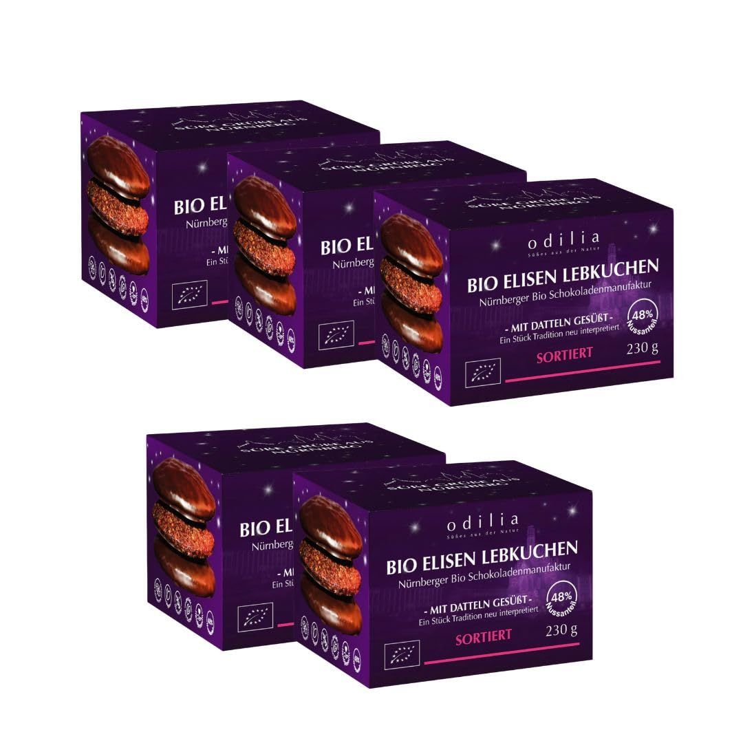 Sechs Schachteln Odilia Bio Elisen Lebkuchen, sortiert, 230g, mit Datteln gesüßt, glutenfrei.