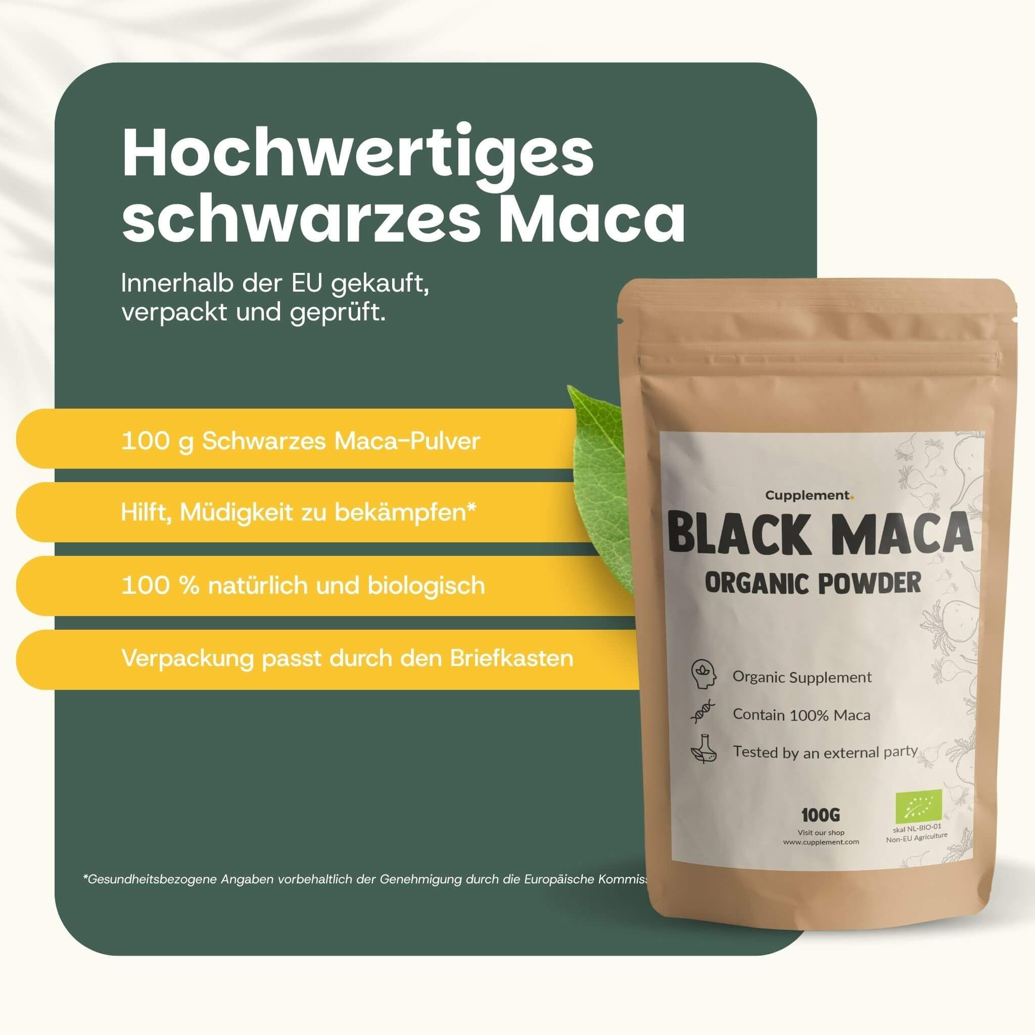 Grafik mit Text: Hochwertiges schwarzes Maca. 100g Pulver, hilft Müdigkeit zu bekämpfen, 100% natürlich & Bio.