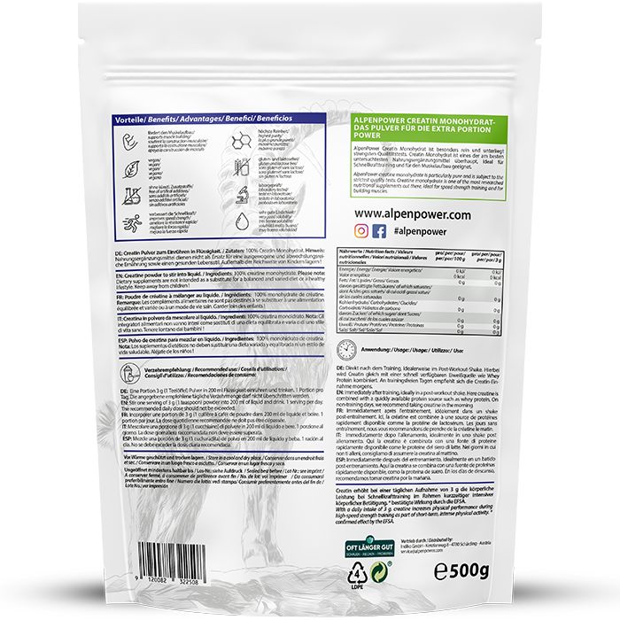 Rückseite der Verpackung von AlpenPower Pure Creatin Monohydrat. Text: Vorteile, Inhaltsstoffe, Nährwerte. 500g, Website-Adresse.