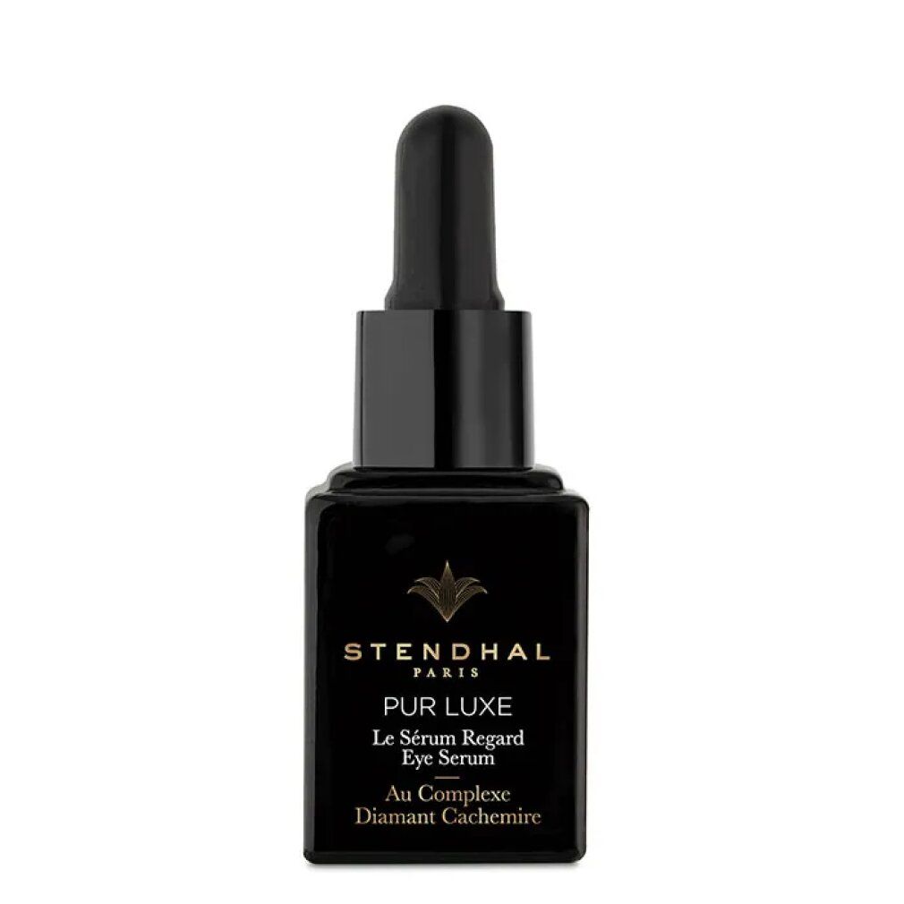 Schwarze Flasche mit Pipette. Aufschrift: Stendhal Paris, Pur Luxe, Le Sérum Regard Eye Serum, Au Complexe Diamant Cachemire.
