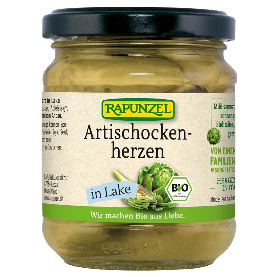 Glas mit Artischockenherzen in Lake. Aufschrift: Rapunzel, Artischockenherzen, Bio. Grünes Etikett.