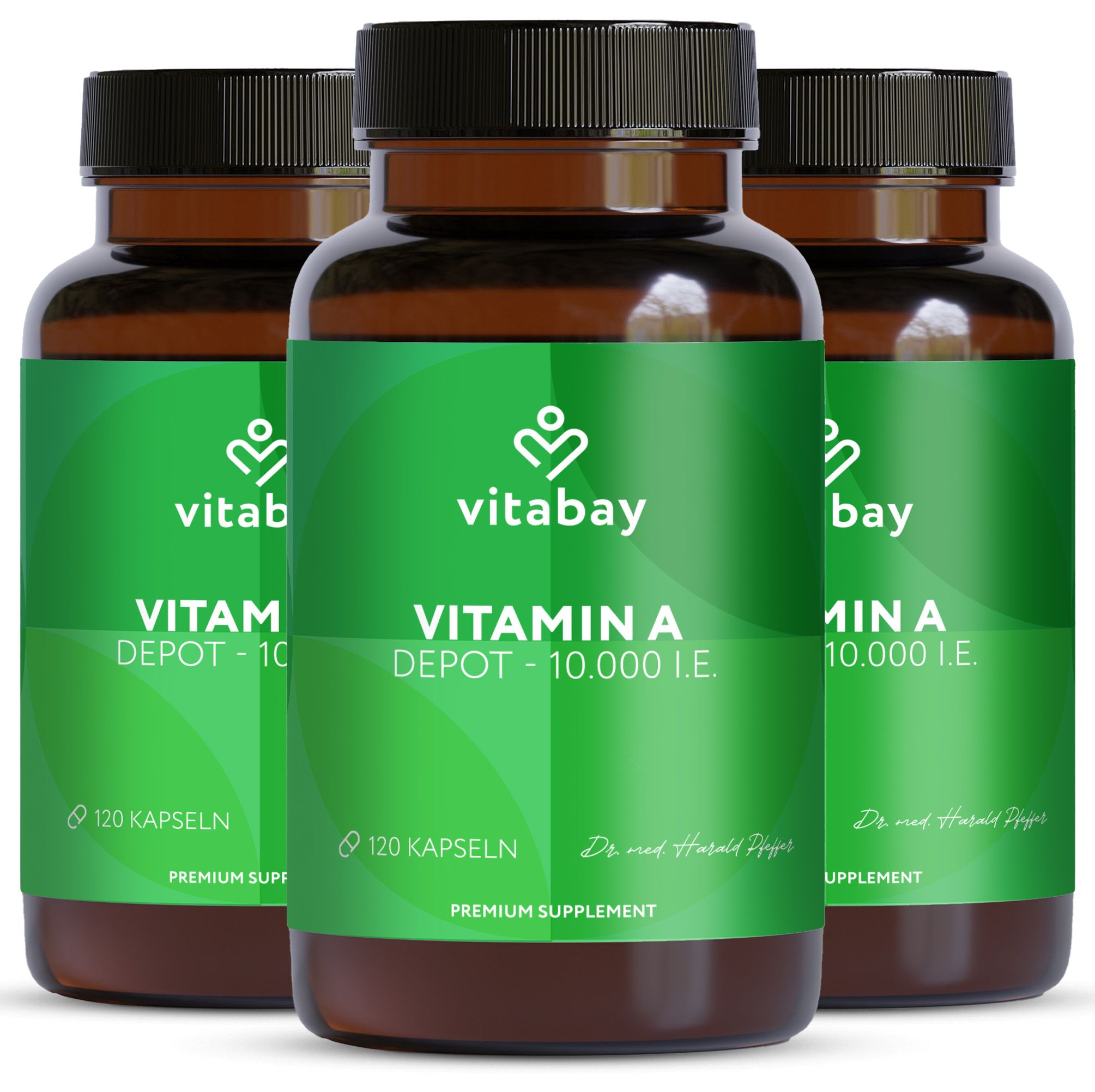 Vitabay Vitamin A Depot 10.000 IE. Drei Dosen mit 120 Kapseln. Text: Premium Supplement.