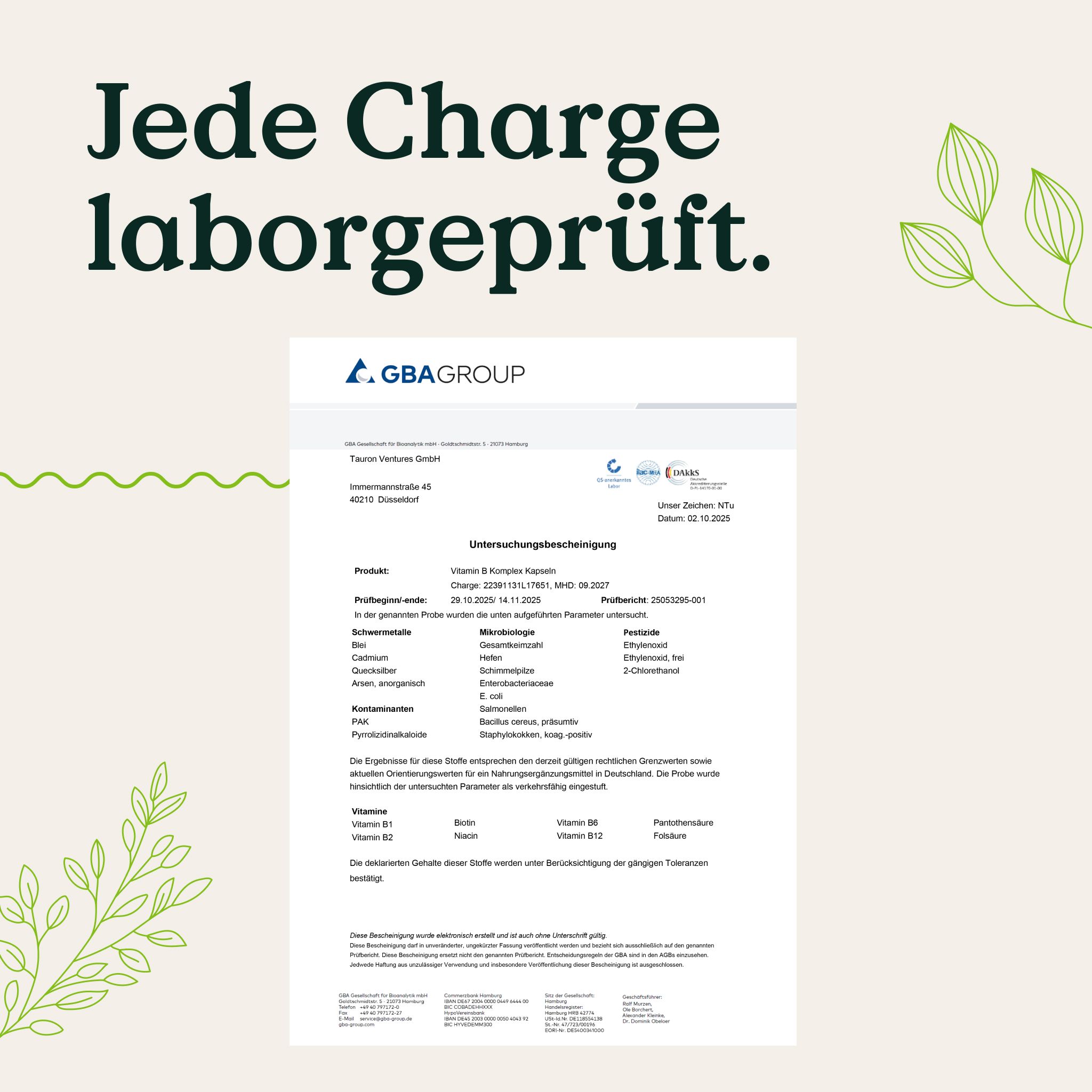 Laborbericht von GBA GROUP für NATURE LOVE® Vitamin B Komplex, jede Charge laborgeprüft.