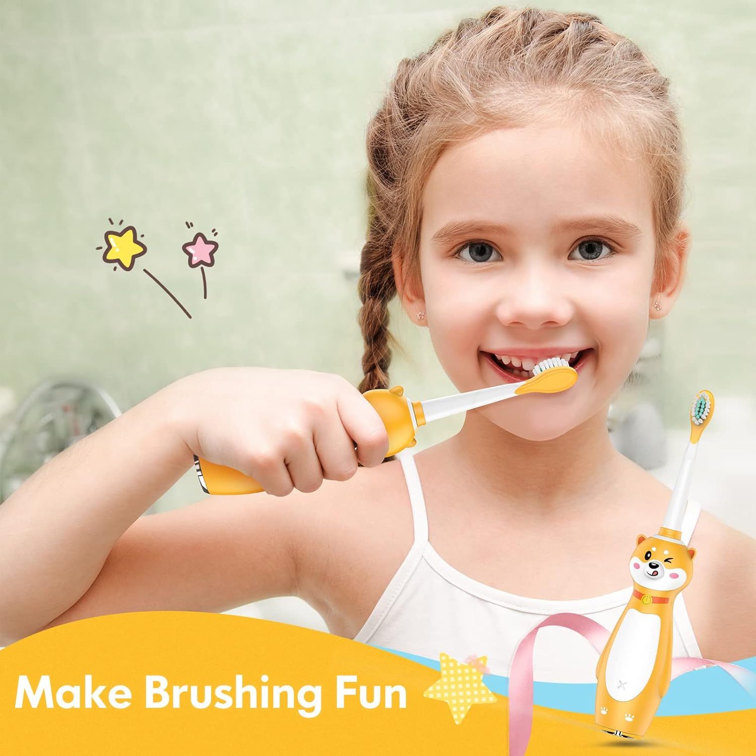 Kind putzt sich die Zähne mit gelber Zahnbürste. Aufschrift: Make Brushing Fun.