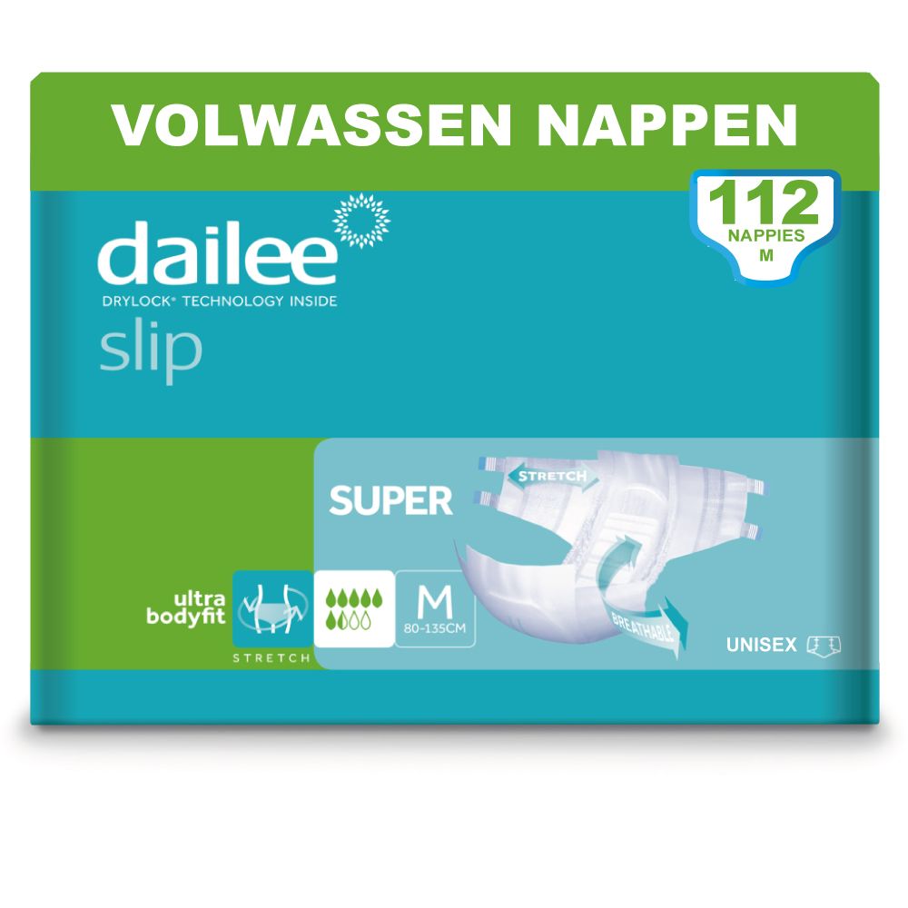 Dailee Slip Super incontinentieluiers voor volwassenen. Verpakking met 112 stuks, maat M. Groen-turquoise design.