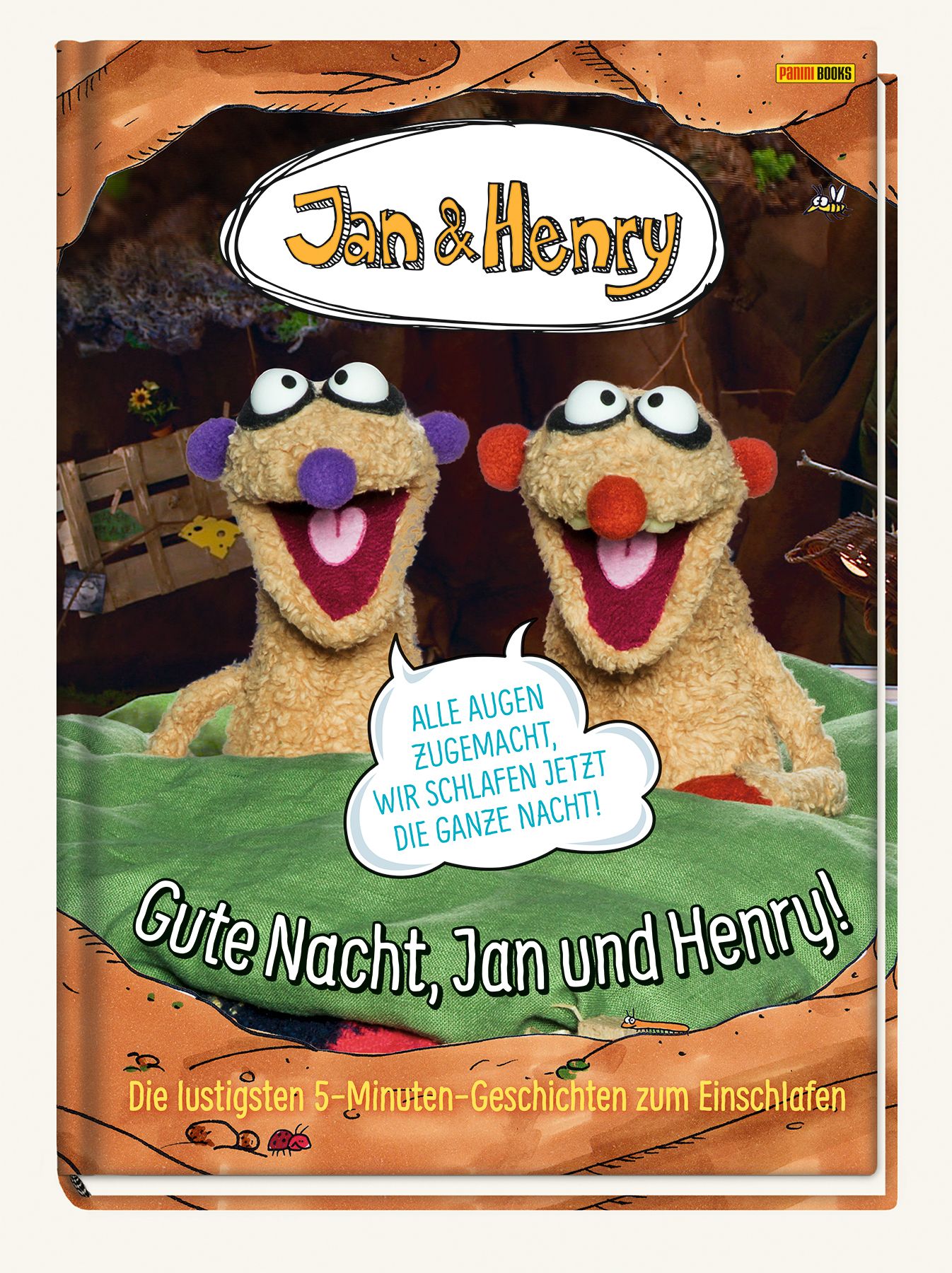 Buchcover mit Jan & Henry-Puppen. Titel: Gute Nacht, Jan und Henry! Textblase: Wir schlafen jetzt die ganze Nacht!
