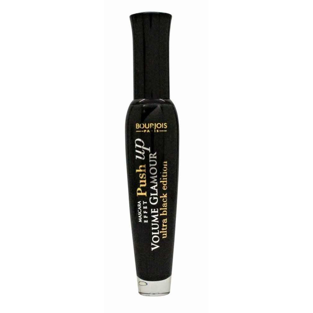 Schwarze Mascara-Tube. Aufschrift: Bourjois, Push up, Volume Glamour, Ultra Black Edition.