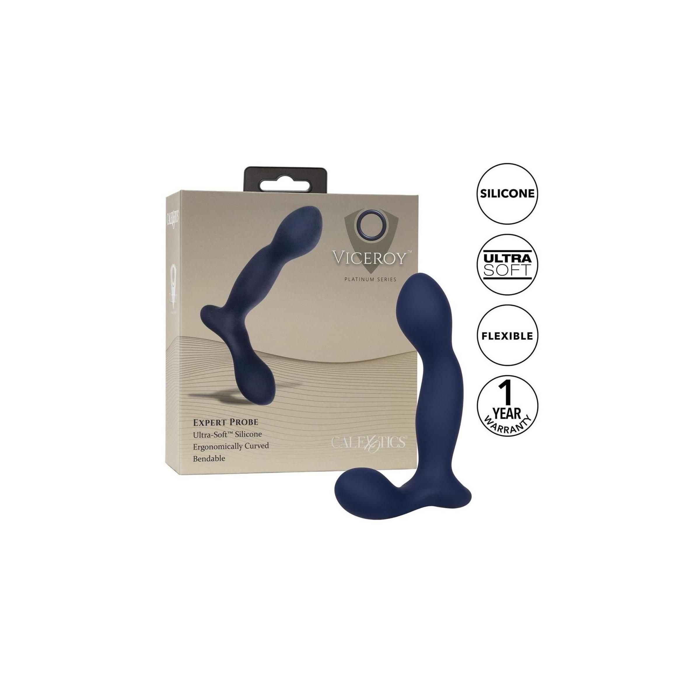 Dunkelblauer Expert Probe in Verpackung. Marke Viceroy, CalExotics. Ultra-Soft Silikon. Flexible. 1 Jahr Garantie.