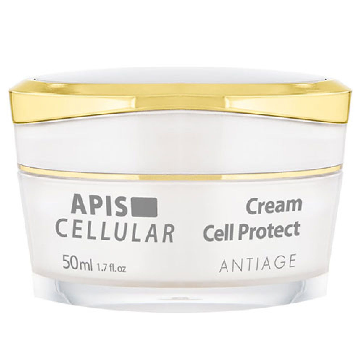 Creme-Tiegel mit weißem Behälter, goldfarbenem Deckel und Produktbezeichnung. Aufschrift: APIS CELLULAR Cream Cell Protect ANTIAGE.