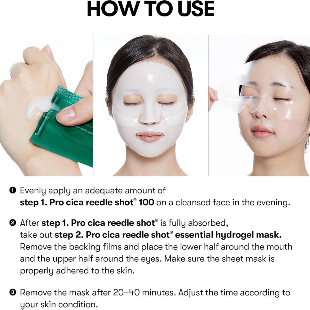 Anwendungsschritte. 1: Pro Cica Reedle Shot 100. 2: Pro Cica Hydrogel Maske. 3: Maske entfernen. Abbildungen.