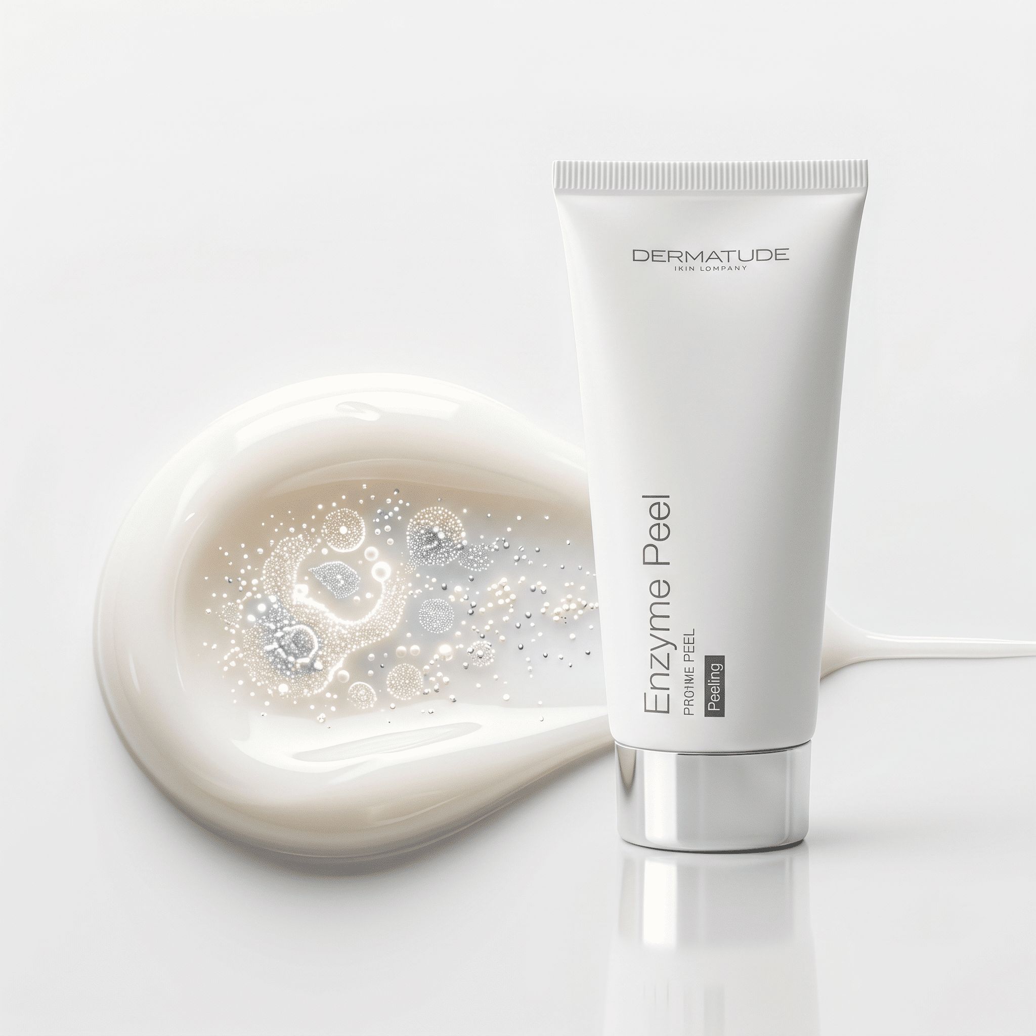 Ein weißer Schlauch 'Enzyme Peel' neben einer cremigen Textur.