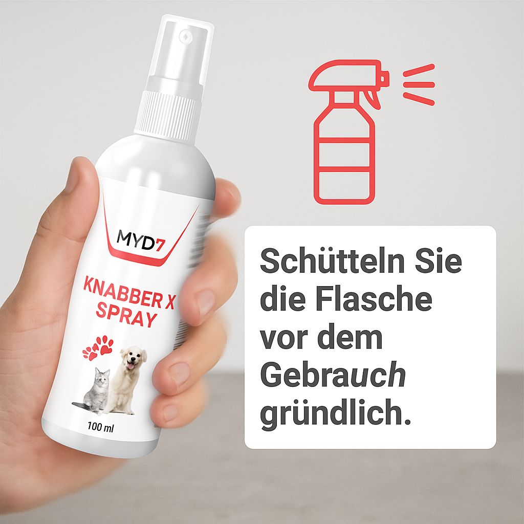 Hand hält weiße Sprühflasche mit roter Aufschrift MYD7, Knabber X Spray, Pfoten- und Tierabbildungen. Text: Schütteln vor Gebrauch.