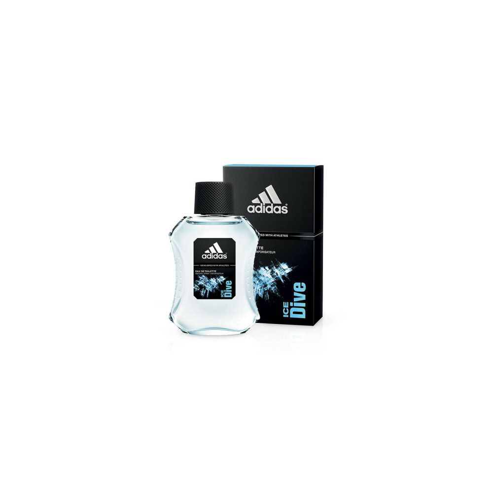 Flakon und Verpackung. Flakon mit schwarzem Deckel, Adidas-Logo und ICE DIVE. Schwarze Verpackung mit Logo.