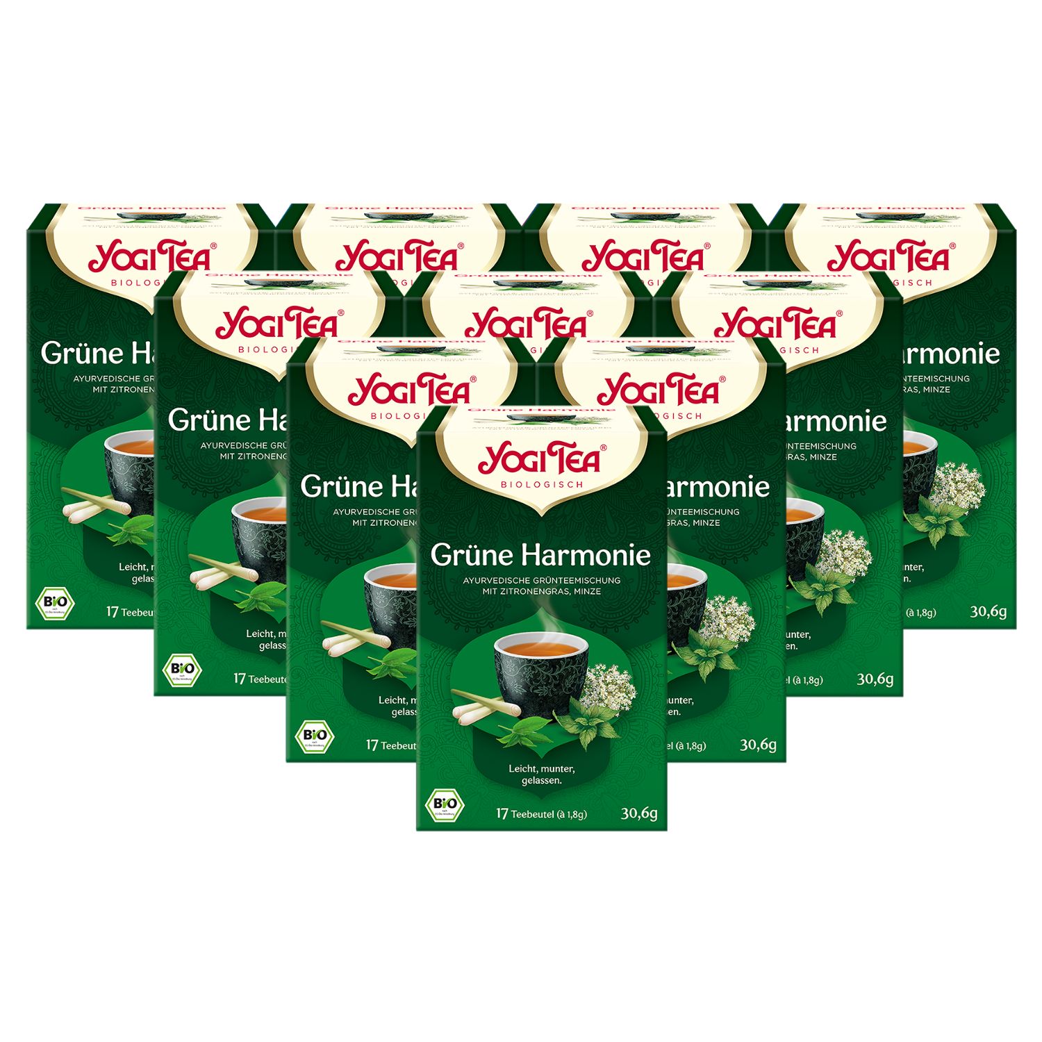 Mehrere grüne Schachteln mit Yogi Tea - Grüne Harmonie Bio Grüntee. Aufdruck: 17 Teebeutel, Bio-Siegel.