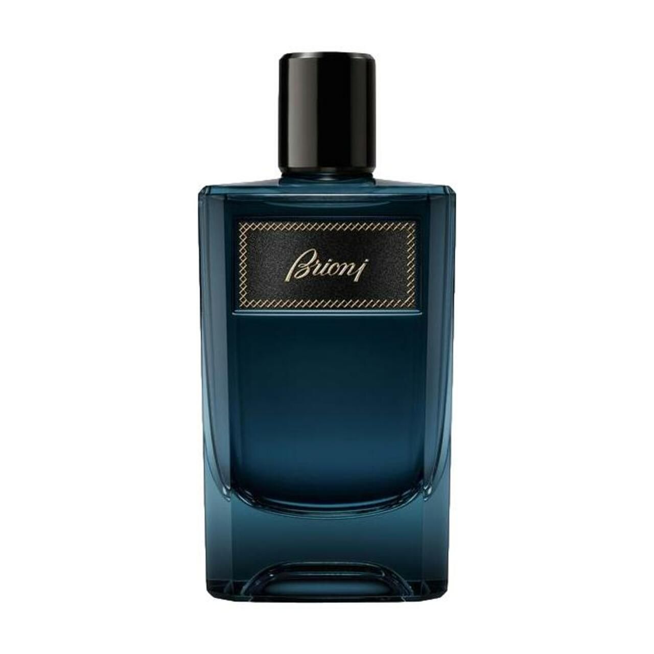Flacone in vetro blu con tappo nero ed etichetta rettangolare.