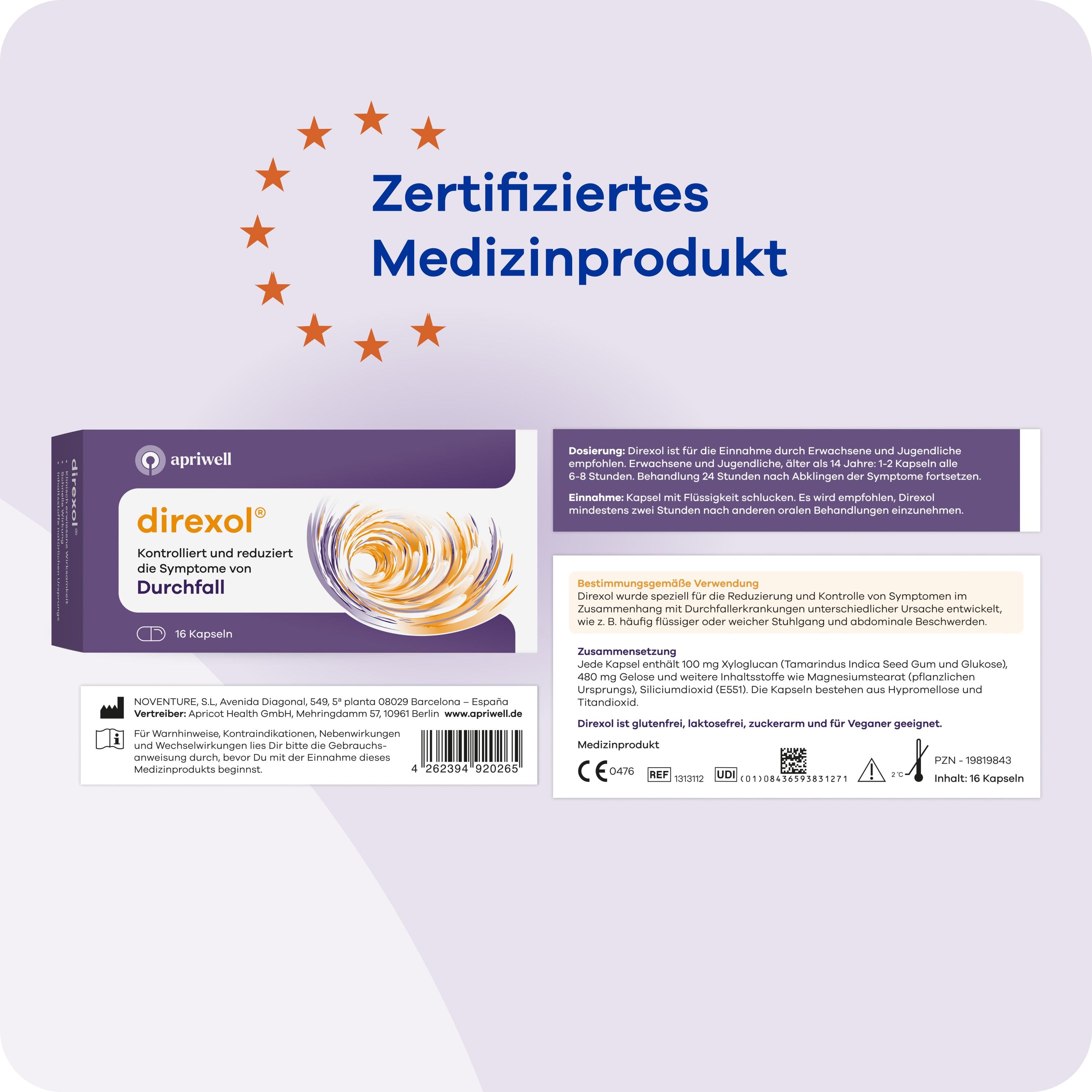 Verpackung von Direxol. Zertifiziertes Medizinprodukt mit Sternenkranz.