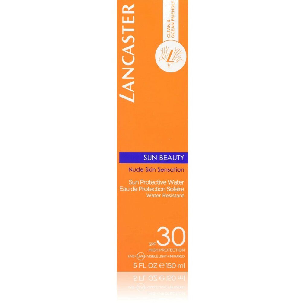 Lancaster Sun Beauty Protective Water SPF30. Orangefarbene Verpackung. Text: Nude Skin Sensation, SPF 30. Clean & Ocean Friendly.
