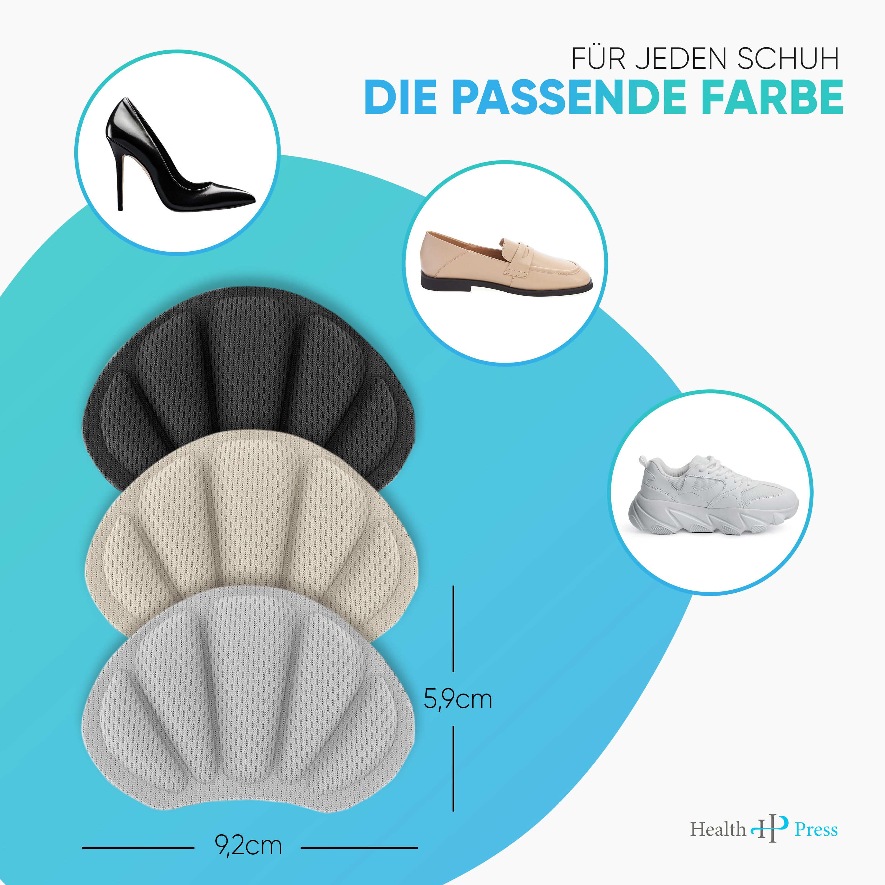 Drei Fersenpolster in Schwarz, Beige und Grau neben Abbildungen von Schuhen. Maße: 9,2 cm x 5,9 cm. Text: Für jeden Schuh die passende Farbe.