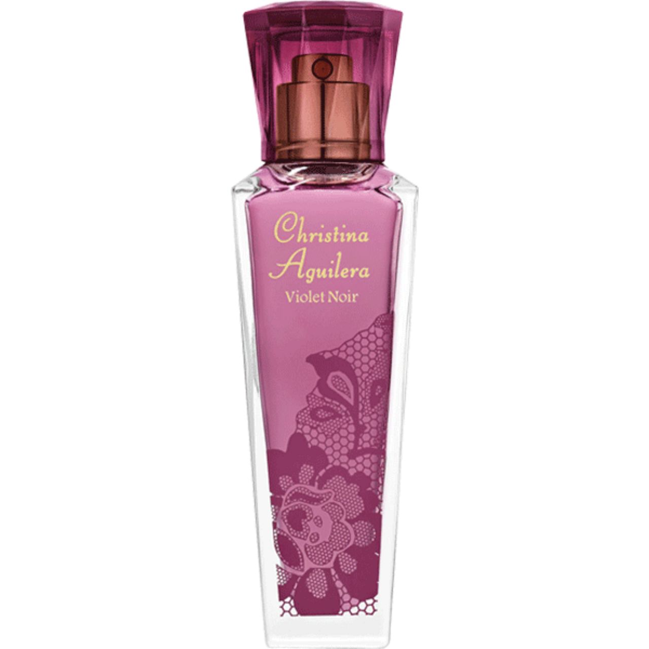 Violett-farbener Flakon mit Sprühkopf und rosafarbenem Deckel. Aufschrift: Christina Aguilera, Violet Noir. Dekoratives Muster.