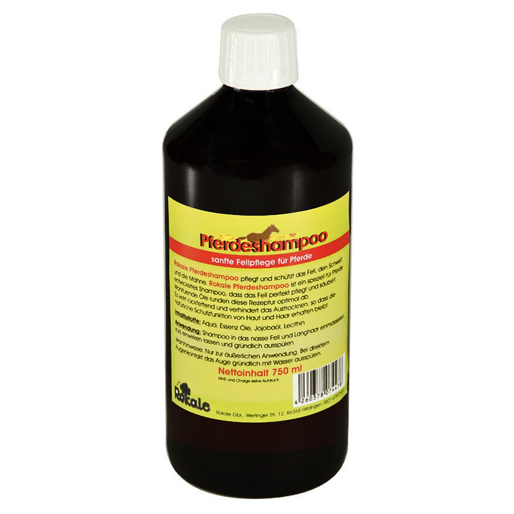 Braune Flasche mit weißem Deckel. Gelbes Etikett mit Produktnamen und Text. Aufschrift: Pferdeshampoo.
