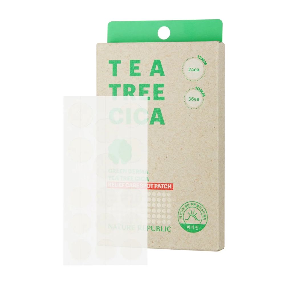 Kartonverpackung TEA TREE CICA mit transparenten Pflastern. 12mm und 10mm. Marke NATURE REPUBLIC. Grün-braune Farbgebung.