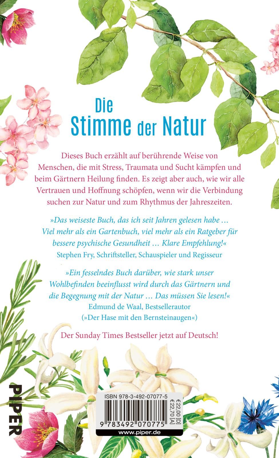 Buchrückseite mit Titel "Die Stimme der Natur". Text und Zitate. Verlag Piper. ISBN-Code.