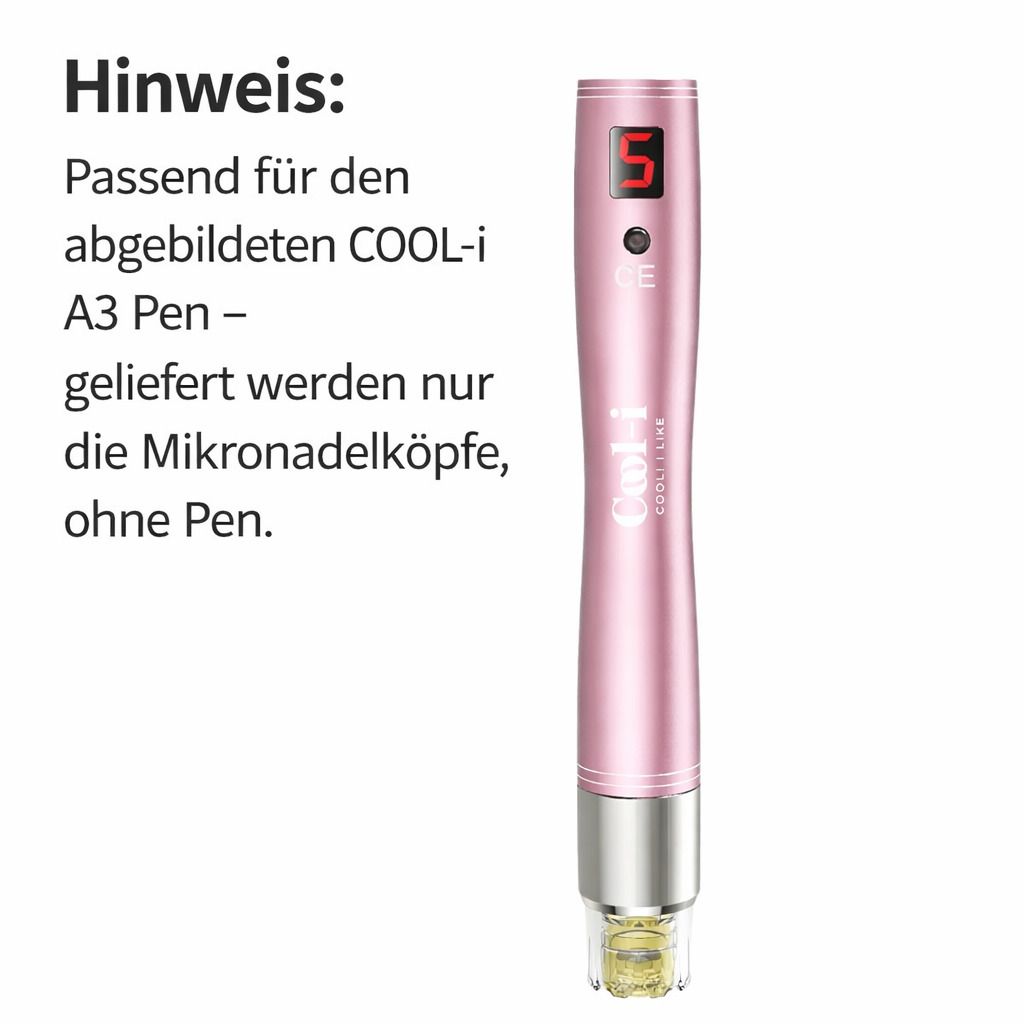 Rosa COOL-i A3 Pen. Digitalanzeige mit Zahl 5. Microneedling-Aufsatz am unteren Ende.