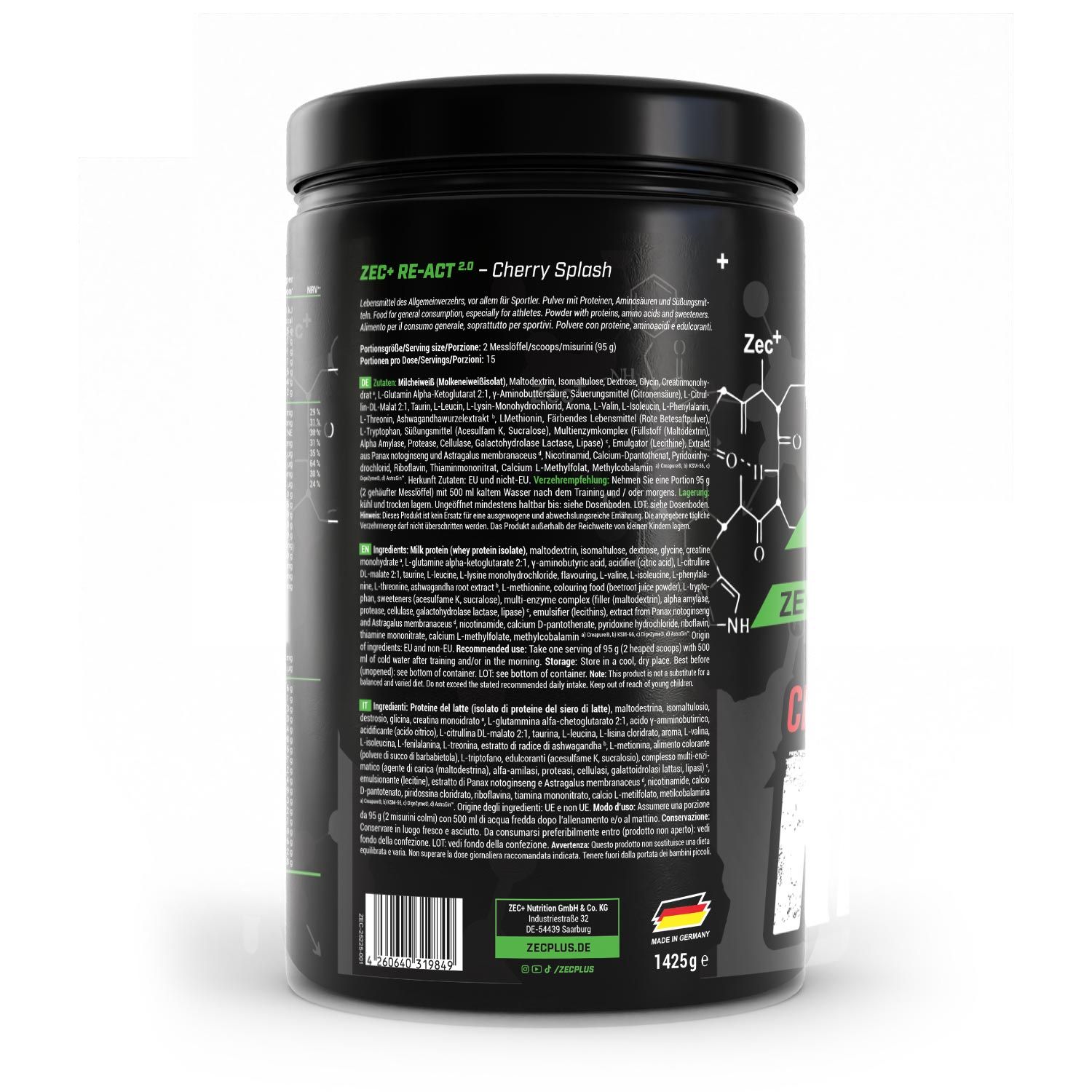 Schwarze Dose, Rückseite mit Text. ZEC+ RE-ACT 2.0 Cherry Splash. Inhaltsstoffe, Nährwerte, Herstellerinformationen. Made in Germany.