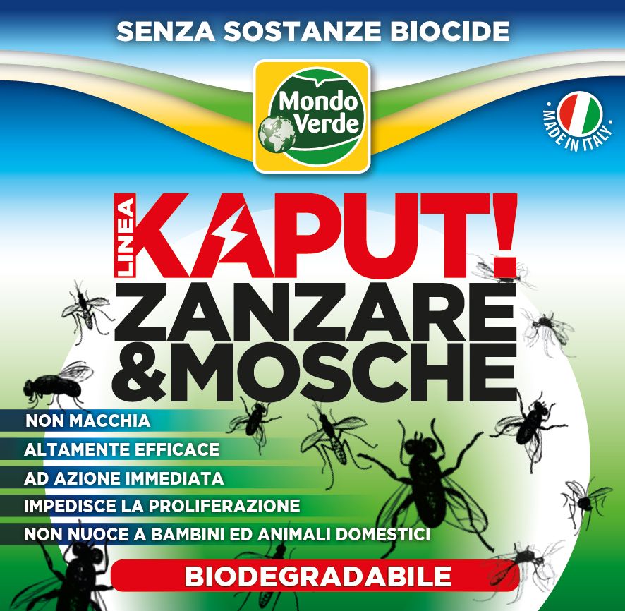 L'etichetta mostra il nome del prodotto 'KAPUT! ZANZARE & MOSCHE' in grandi lettere rosse, circondato da illustrazioni di insetti. Lo sfondo è blu e verde con il logo Mondo Verde. È ben visibile anche la scritta 'SENZA SOSTANZE BIOCIDE'.
