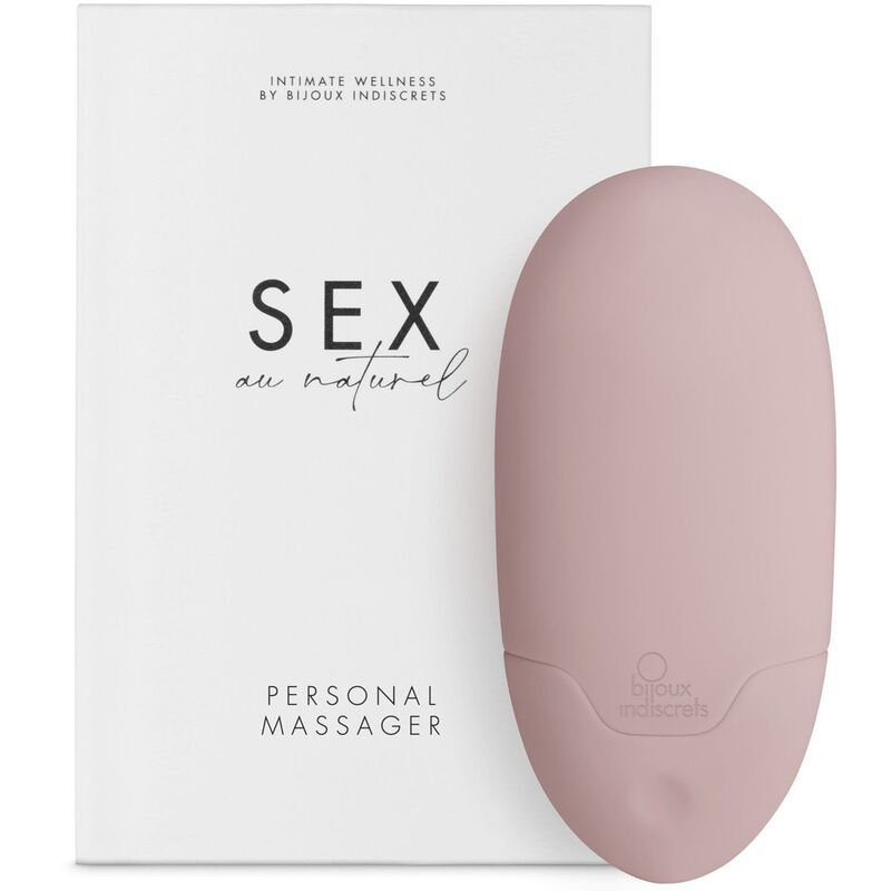 Rosa Massagegerät und Verpackung. Aufschrift: SEX au naturel, Personal Massager, Intimate Wellness by Bijoux Indiscrets.