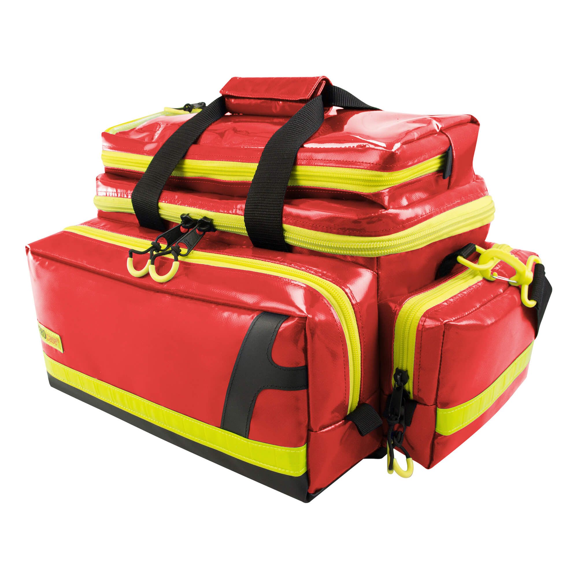 Rote Notfalltasche mit gelben Streifen und Reißverschlüssen. Schwarze Tragegriffe und das Logo AEROcase sind sichtbar.