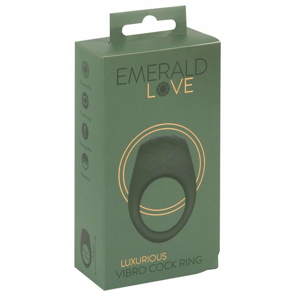 Produktverpackung. Grün. Aufschrift: EMERALD LOVE. Produkt: Luxurious Vibro Cock Ring.