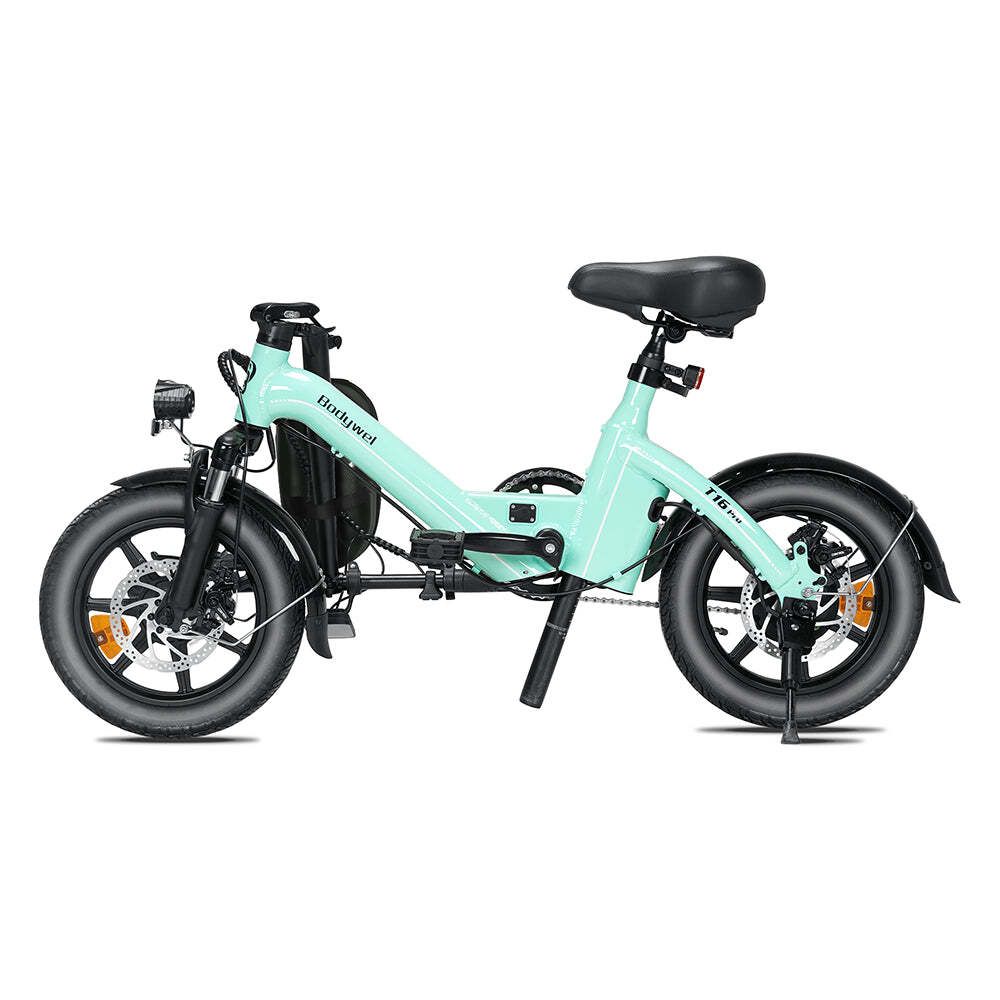 Faltbares E-Bike, hellgrün. Schwarze Reifen, Sattel und Details. "Bodywel T16 Pro" Schriftzug.