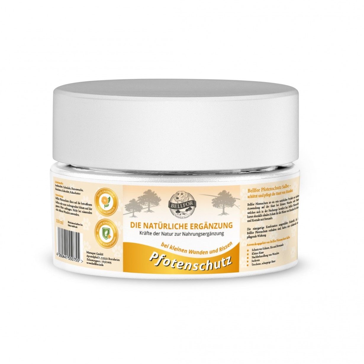 Weißes Tiegel mit "Pfotenschutz". Logo: Bellfor. Gelbes Etikett mit Text und Illustrationen. 100 ml.