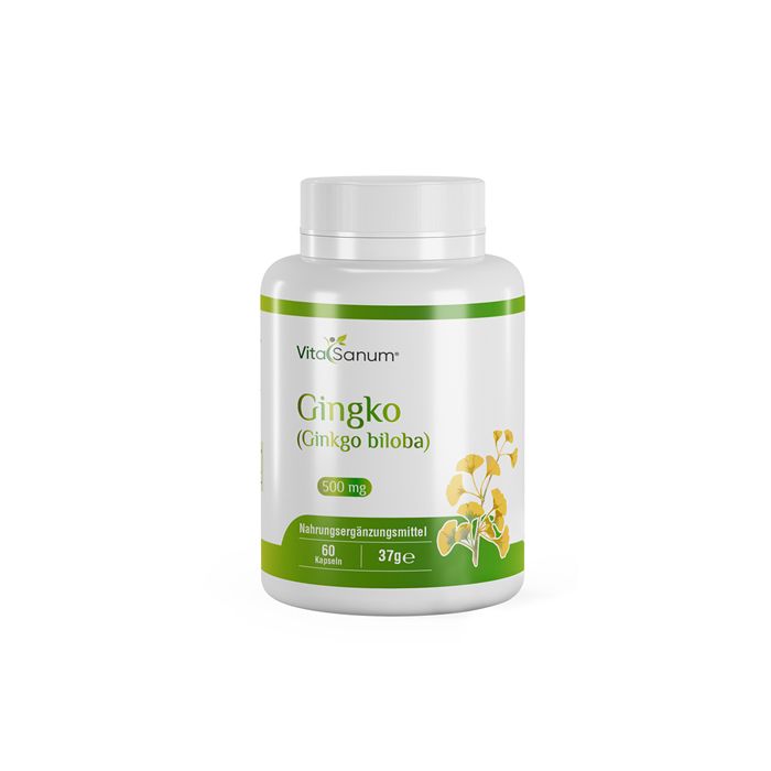 Weiße Flasche mit grünem Etikett. Aufschrift: VitaSanum, Ginkgo (Ginkgo biloba), 500 mg, 60 Kapseln.
