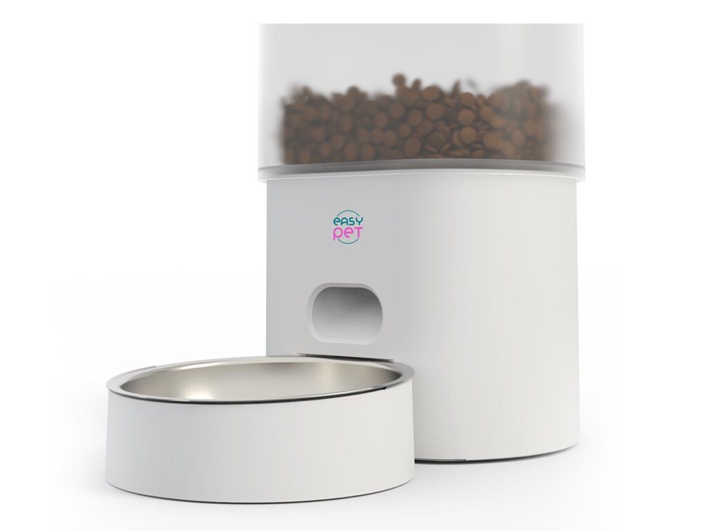 Distributore automatico di cibo. Bianco e trasparente. Contenitore con cibo. Ciotola. Logo EASY PET.