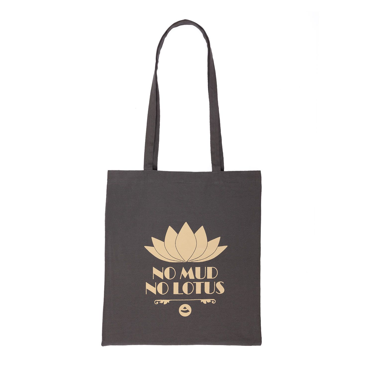 Dunkelgraue Baumwolltasche mit goldenem Lotusblüten-Design und Schriftzug "No Mud No Lotus". Vertikale Ansicht.