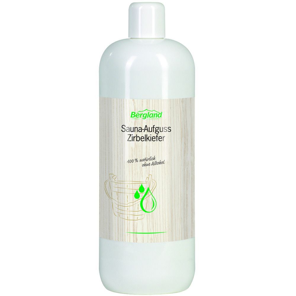 Weiße Flasche mit Schraubverschluss. Etikett mit Produktname: Sauna-Aufguss Zirbelkiefer. Logo und Illustration.