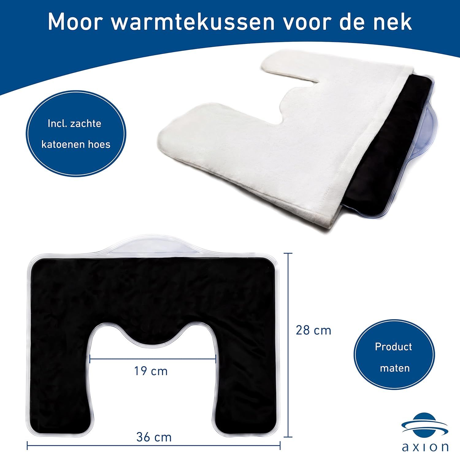 Nekkussen met witte hoes en zwart binnenkussen. Afmetingen: 36x28x19 cm. Logo: axion.