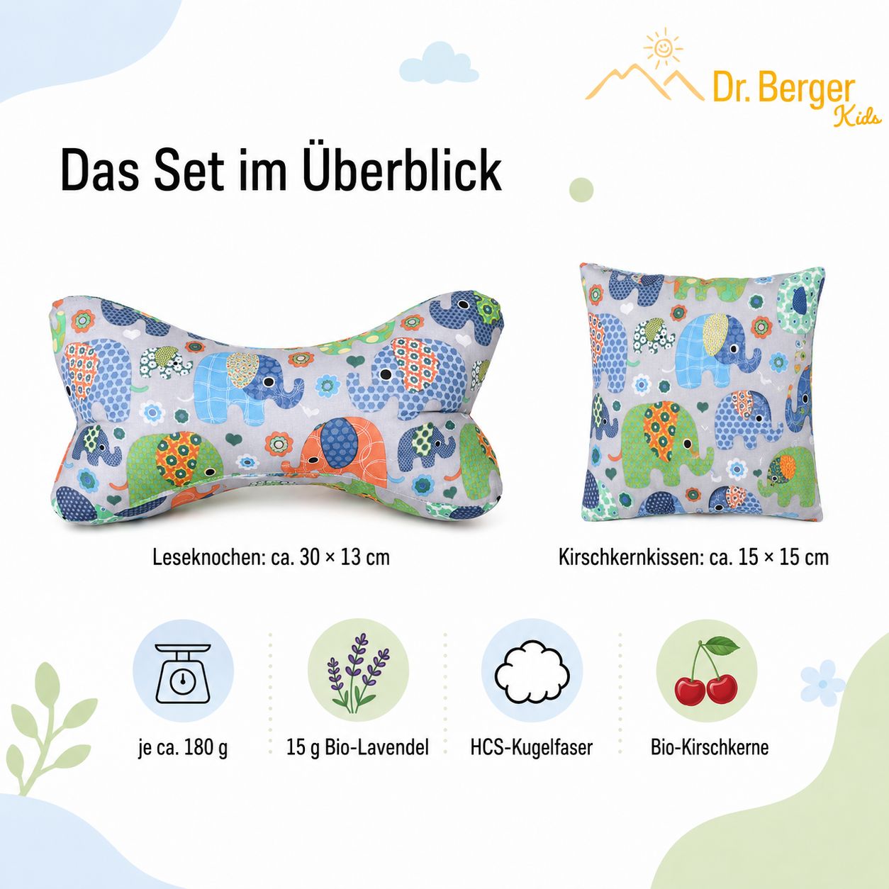 Set: Knochenkissen ca. 30x13cm, Kirschkernkissen ca. 15x15cm, mit Elefantenmuster.