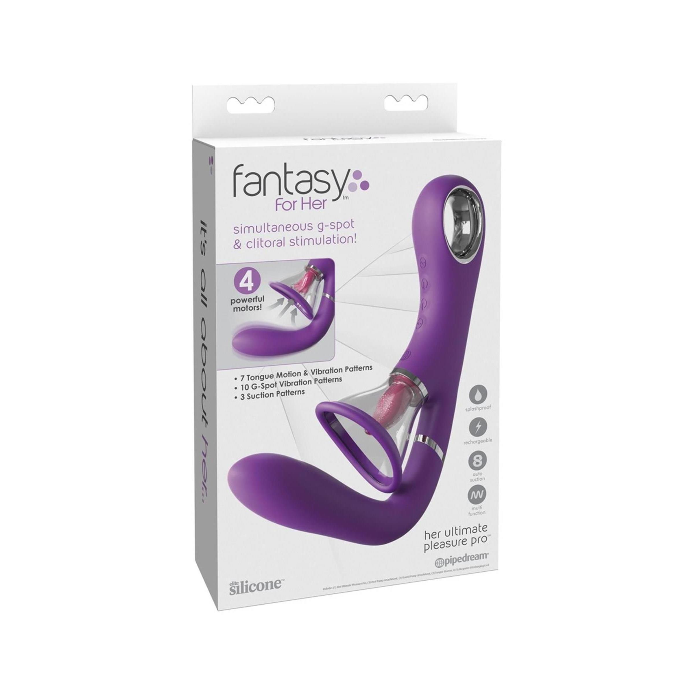 Lila Wellness-Produkt. Verpackung mit Produktabbildung und Text: Fantasy For Her, Her Ultimate Pleasure Pro. Silikon.